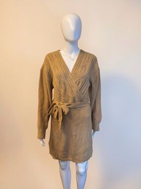 Cable Knit Wrap Sweater Dress in Camel